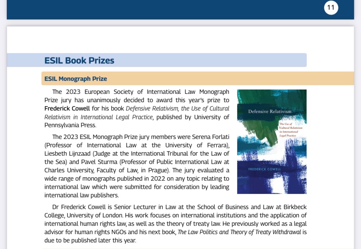 It’s a career defining honour to have been awarded the #ESIL2023 book prize for my 2022 book Defensive Relativism: the State Practice of Cultural Relativism in International Legal Practice