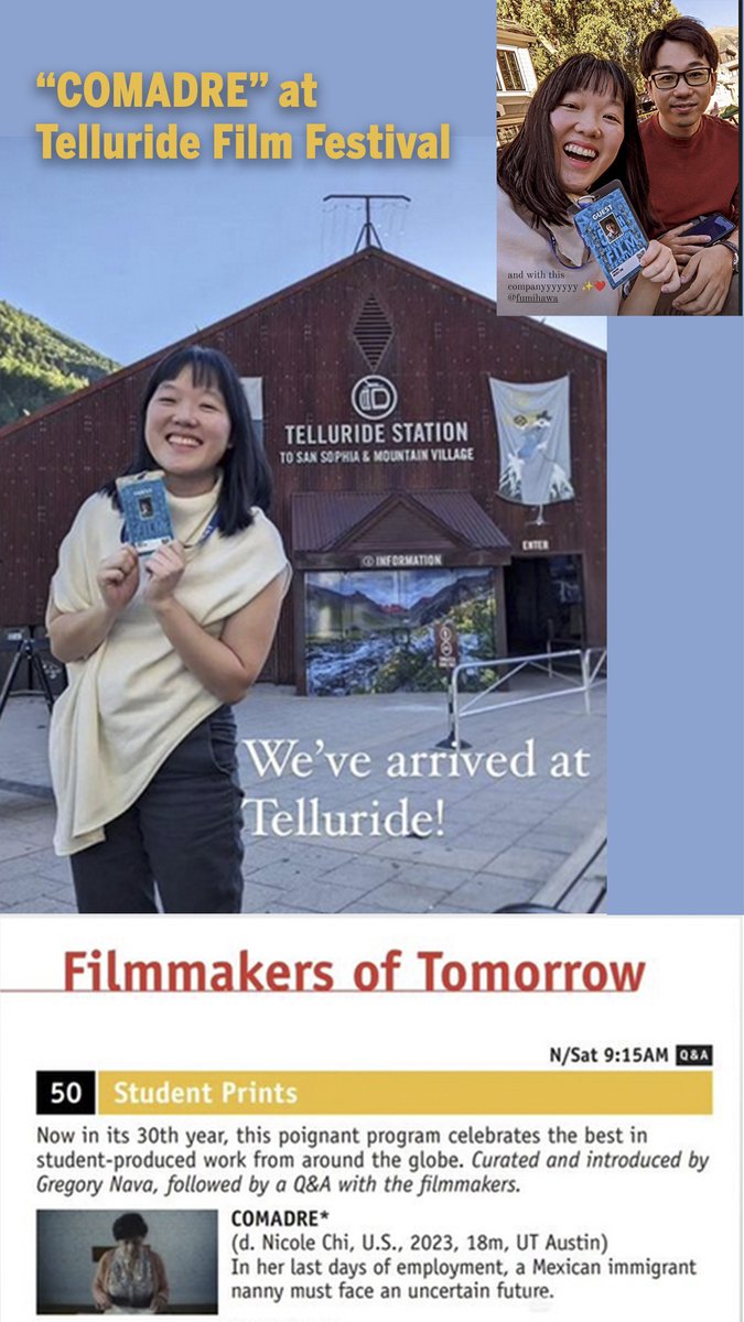We are so excited that RTF MFA production student Nicole Chi's student film COMADRE will screen this weekend in the #TellurideFilmFestival Student Prints section. COMADRE was one of 5 student shorts selected from colleges all over the world! @UTexasMoody