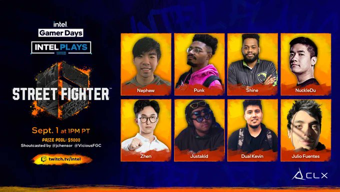 The action starts NOW for #IntelGamerDays for the #StreetFighter6 Invitational feat. @CLXGaming, part of #IntelPlays! We've got high level play w/ a pretty STACKED group, along with TONS of GIVEAWAYS! Join me w/ @jchensor over at twitch.tv/intel NOW! @IntelGaming #ad