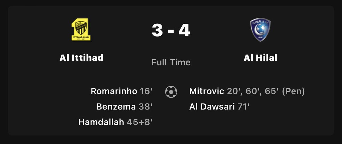 weeksie82's tweet photo. Al Ittihad 3-4 Al Hilal
What a game!
What a hat-trick!
What a comeback!
What an atmosphere!
What a victory for Al Hilal!
What an advert for the league!
#AlHilal #AlIttihad #SaudiProLeague #YallaRSL https://t.co/HDTY4mAgqb