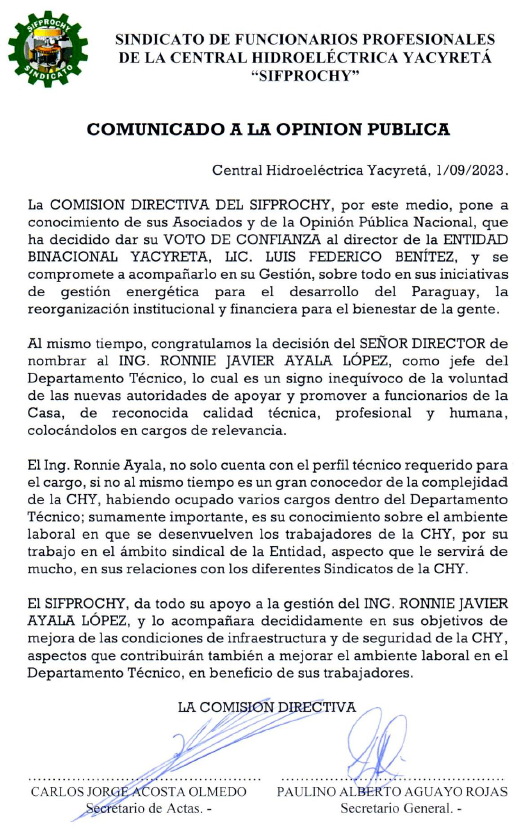 sifprochy's tweet photo. Comunicado del Sindicato de Funcionarios Profesionales de la Central Hidroeléctrica Yacyretá a la Opinión Pública - CHY, 2023/09/01. https://t.co/Lx0SjhZMfb