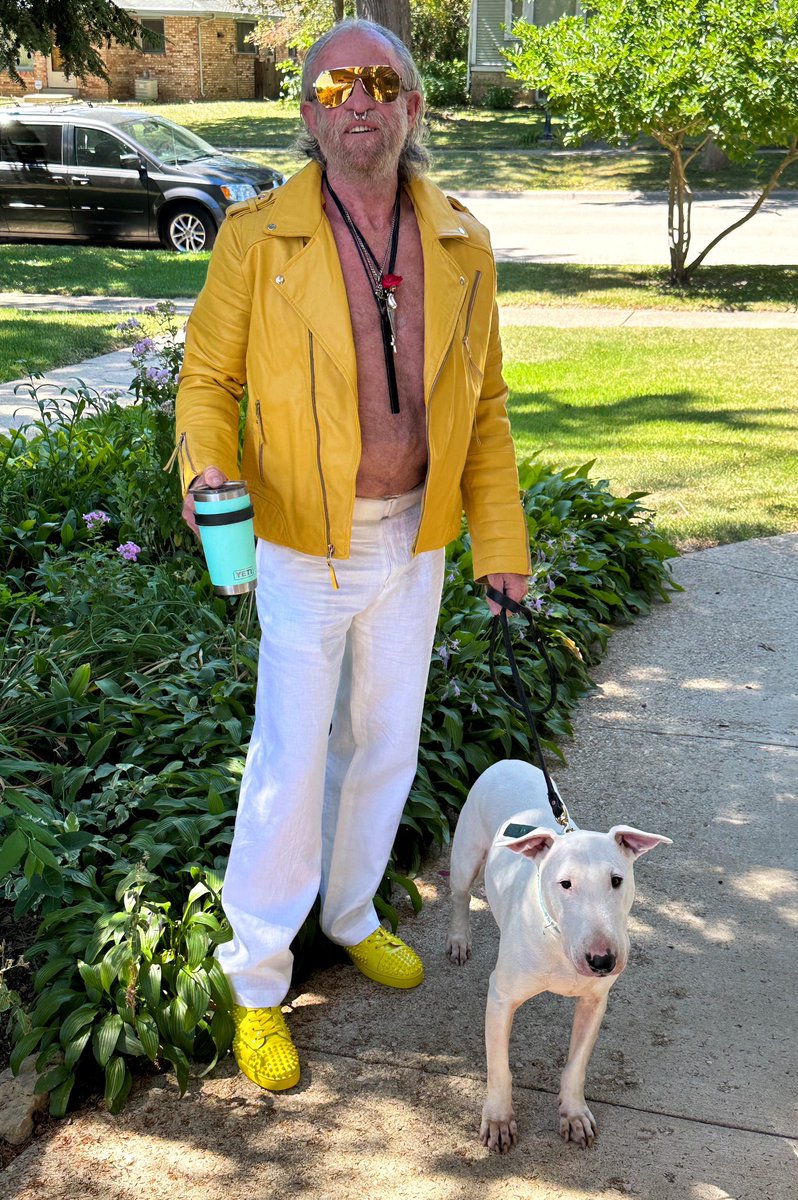 ml_hades's tweet photo. Front sidewalk instead of the back driveway. #Laverapelle made to order leather jacket #VivienneWestwood linen pants #ChristianLouboutin sneakers #RickOwensxPartsof4 #DirtyHandsJewelry #RobertLeeMorris dagger and splintered cross #ElsaPeretti bottle jug #DolceGabbana sunglasses https://t.co/Tr1Wl1jNA0