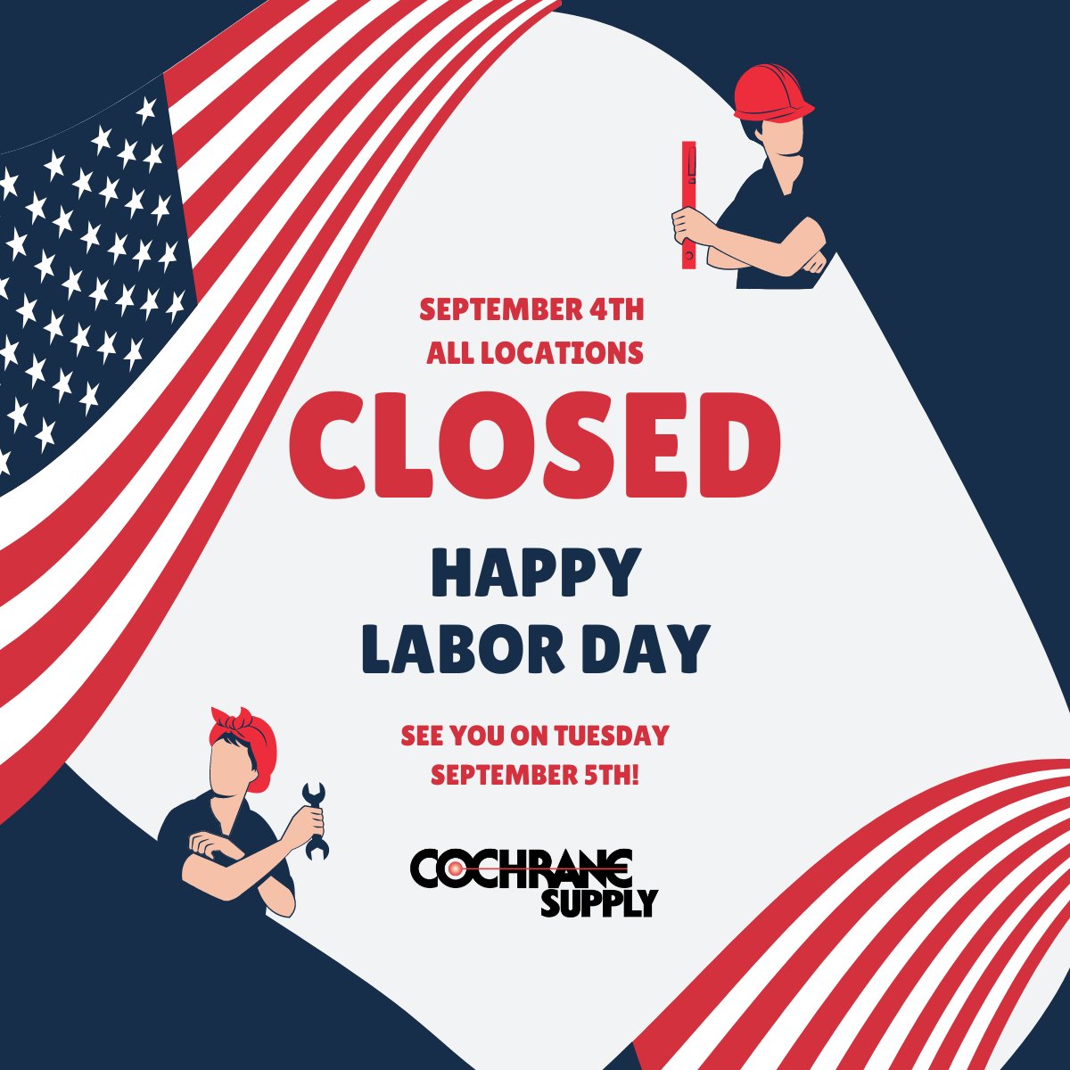 🎉 Our hardworking team will be out-of-office for Labor Day on September 4, as all of our Cochrane Supply locations will be closed. 

Have a great weekend and celebrate like you're at a Cochrane Event 🍻 - Take Monday off, you deserve it! 💪

#labordayweekend #workhardplayhard