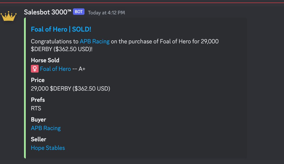 Congrats to APB Racing for triggering our first $1m in horse sales on the platform. 

Reach out here or on Discord, we have something special for you!