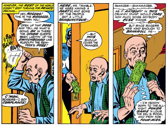 MarvelADay's tweet photo. #Cap153 #MarvelADay I just had to share this fun little scene with Cap bribing the landlord of his apartment. That looks like a five spot to me, so $36.50 in 2023! Either the bill is sticky, or he took it from Cap using his lips. I know which option I prefer! PMB https://t.co/ljZgyBmrVi
