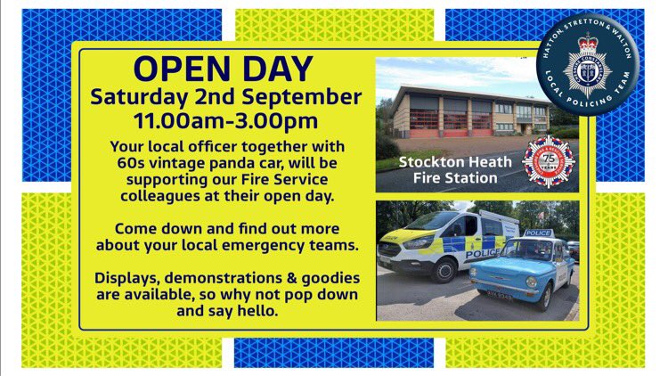 SATURDAY I’m supporting @PoliceWarr @CheshireFire Open Day #StocktonHeath pop down see the vehicles, meet your local emergency services and watch demonstrations and much more. Best of all it’s FREE and the weather forecast is looking good too. #warrington #lymm #cheshire