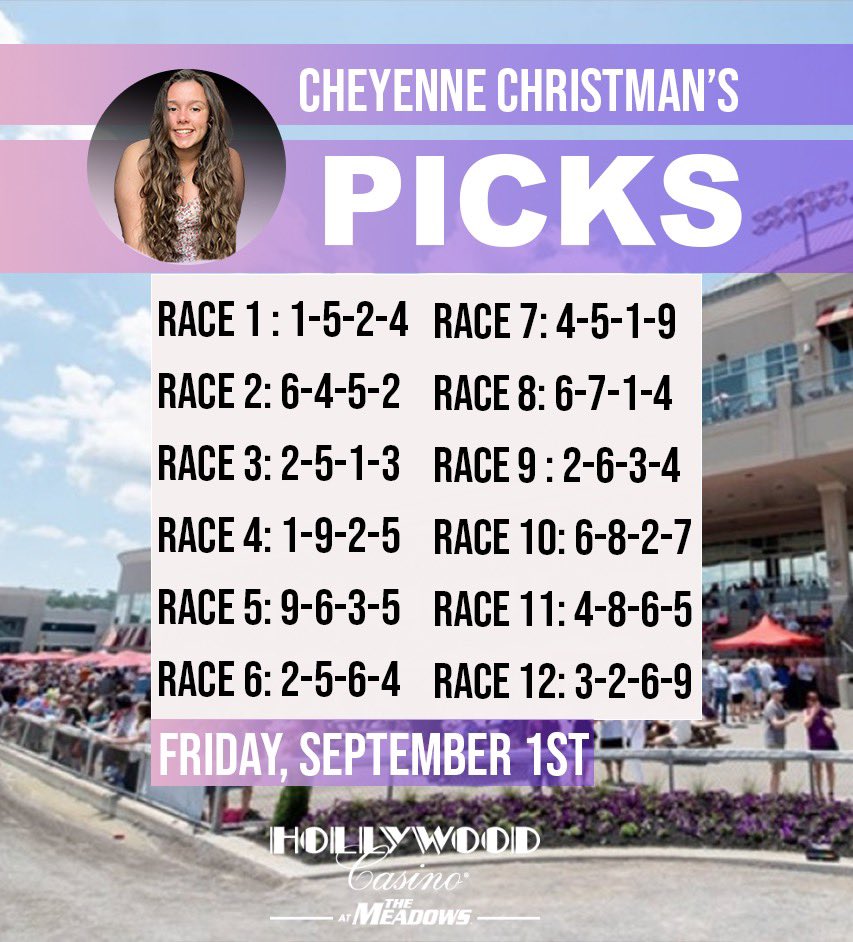 Chey_Christman's tweet photo. HAPPY FRIDAY everyone! Here are my picks and my Pick 5 ticket that was discussed on Track Tips Thursday! Best of luck and #gethandicapping
Free PPβs: https://t.co/RXrYROu079
#BetTheMeadows #harnessracing #paharnessracing https://t.co/BIsl4NP9IO