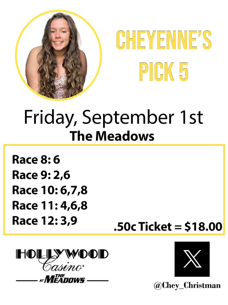 Chey_Christman's tweet photo. HAPPY FRIDAY everyone! Here are my picks and my Pick 5 ticket that was discussed on Track Tips Thursday! Best of luck and #gethandicapping
Free PPβs: https://t.co/RXrYROu079
#BetTheMeadows #harnessracing #paharnessracing https://t.co/BIsl4NP9IO