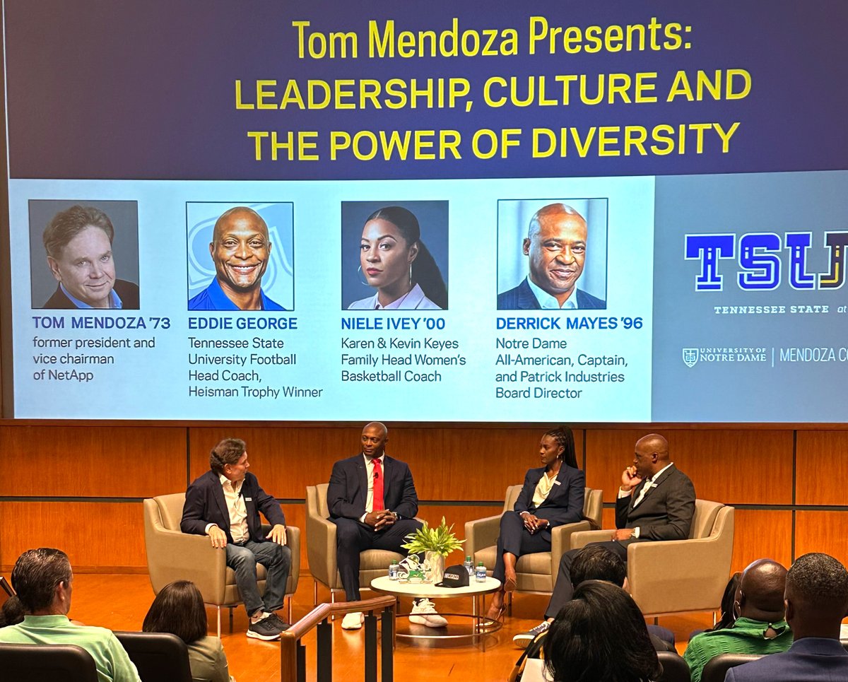 Outstanding panel discussion today featuring Tom Mendoza ‘73, Eddie George, Niele Ivey ‘00 (@ndwbb) & Derrick Mayes ‘96 (@NDFootball) about leadership, culture and the power of diversity! #TSUND🐅🏈☘️