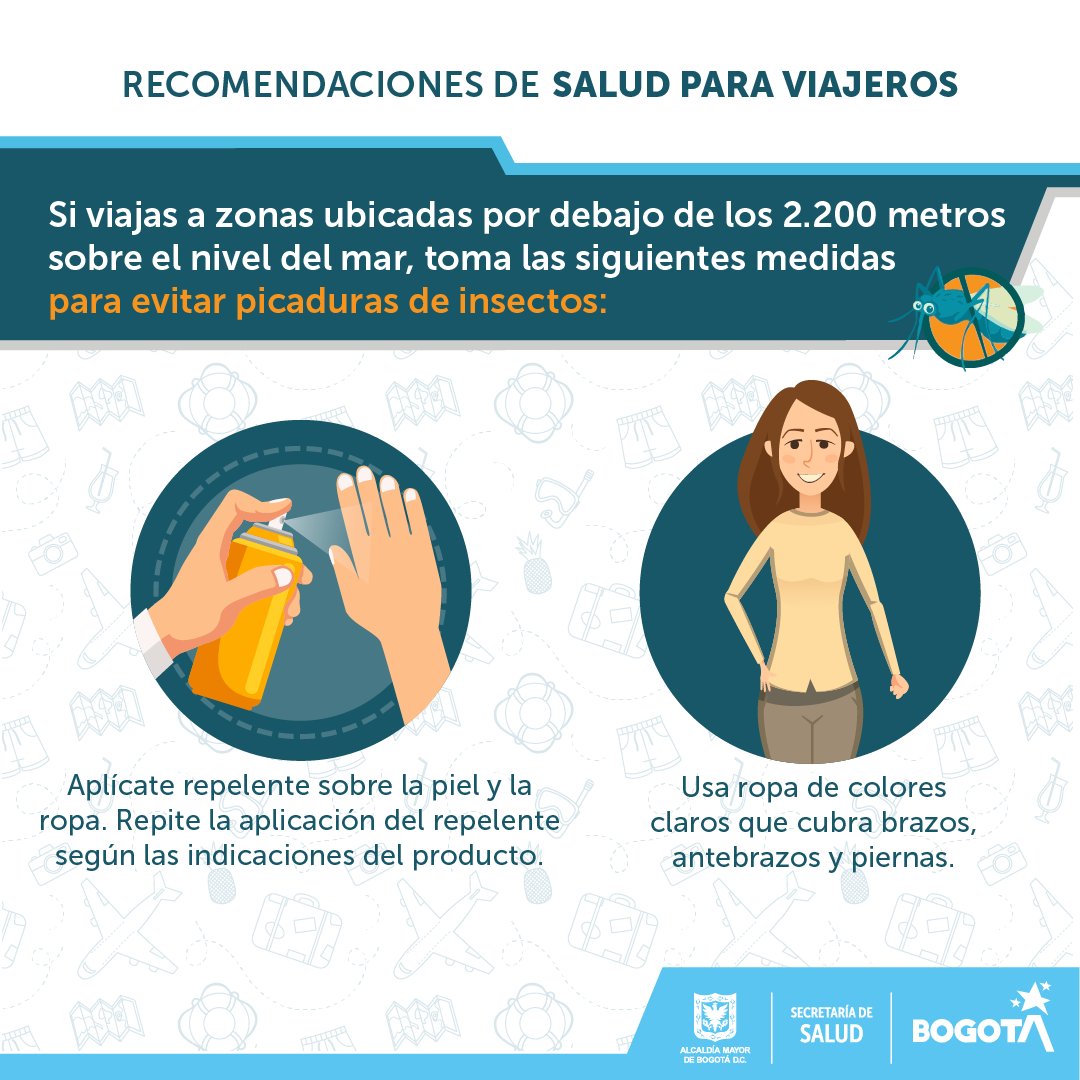 SubRedSur's tweet photo. 🚘🛫¿Vas a viajar? Si te diriges a zonas por   debajo de los 2.200 metros sobre el nivel del mar🌄⛱️, ten cuenta las   recomendaciones para evitar picaduras de insectos🦟 que pueden   transmitir enfermedades como dengue. #ViajamosYNosCuidamos⬇️ https://t.co/DEmR3bEl2N