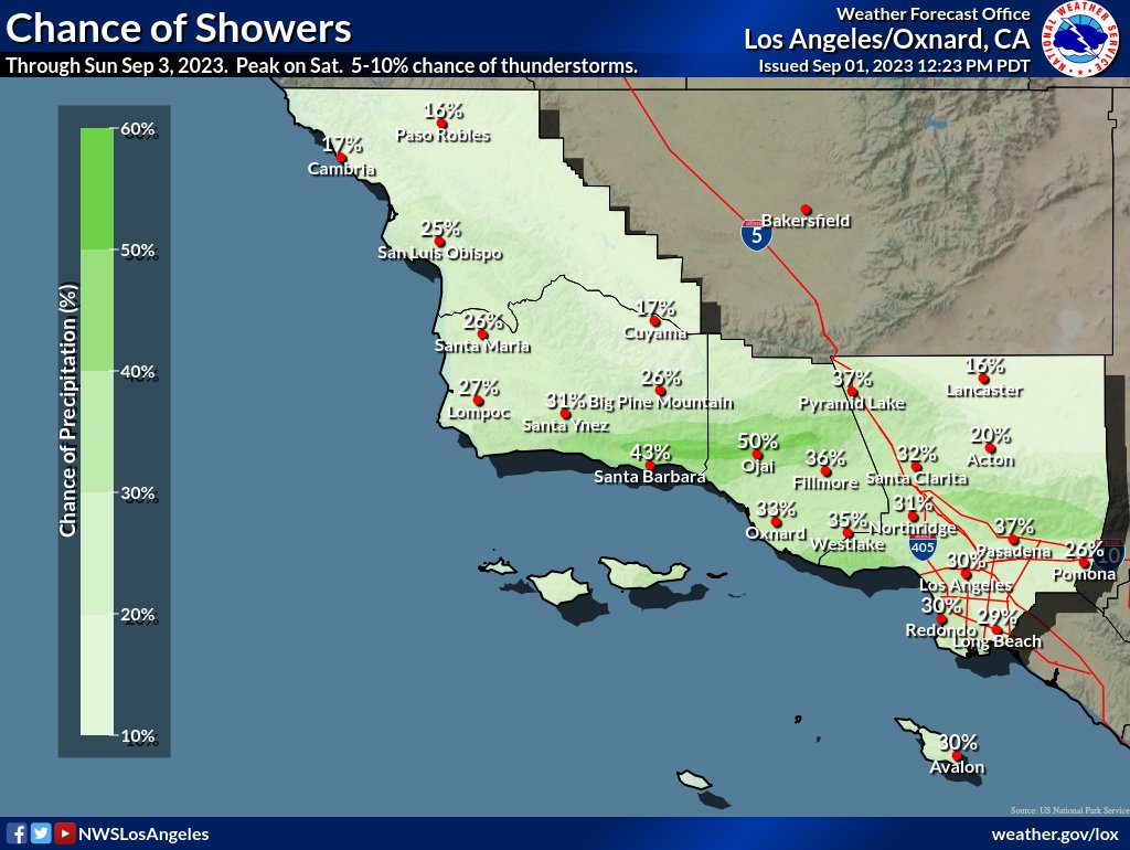 NWSLosAngeles's tweet photo. Showers chances thru Sunday, highest on Sat. Rain is far from certain, but minor impacts to #LaborDay activities possible. Any rain should be light, but some foothills (like #Montecito #LaCrescenta #Ojai) may see several hrs of steady light rain adding up to 0.50 inches. #larain https://t.co/5E2CKwX5em