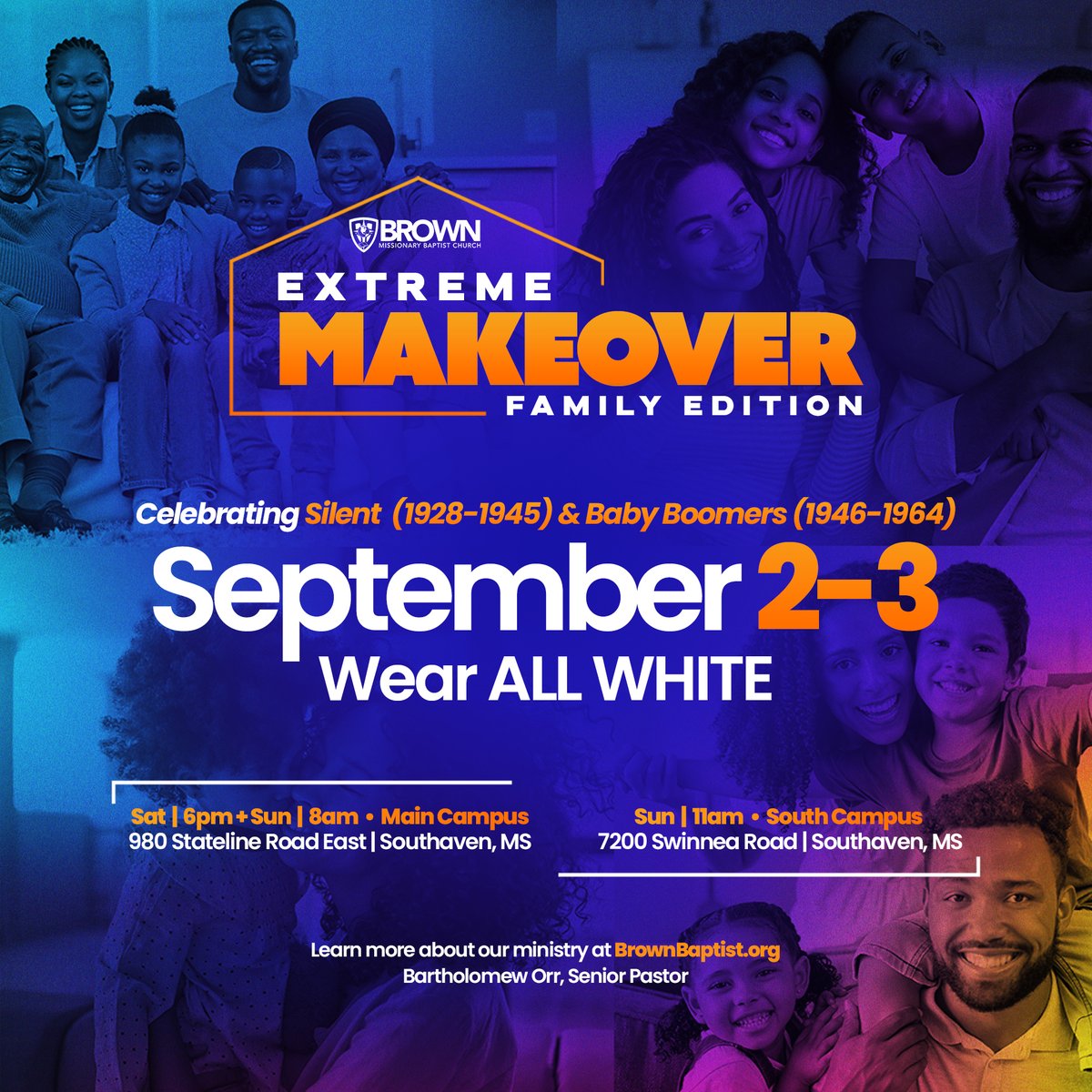 Pastor_Orr's tweet image. I look forward to you worshiping with us this month as we celebrate family! 💙 Remember to wear all white starting tomorrow!

#brownbaptist #yearofhousing #bmbc #PastorOrr #BartholomewOrr #family #familymonth #father #grandfather