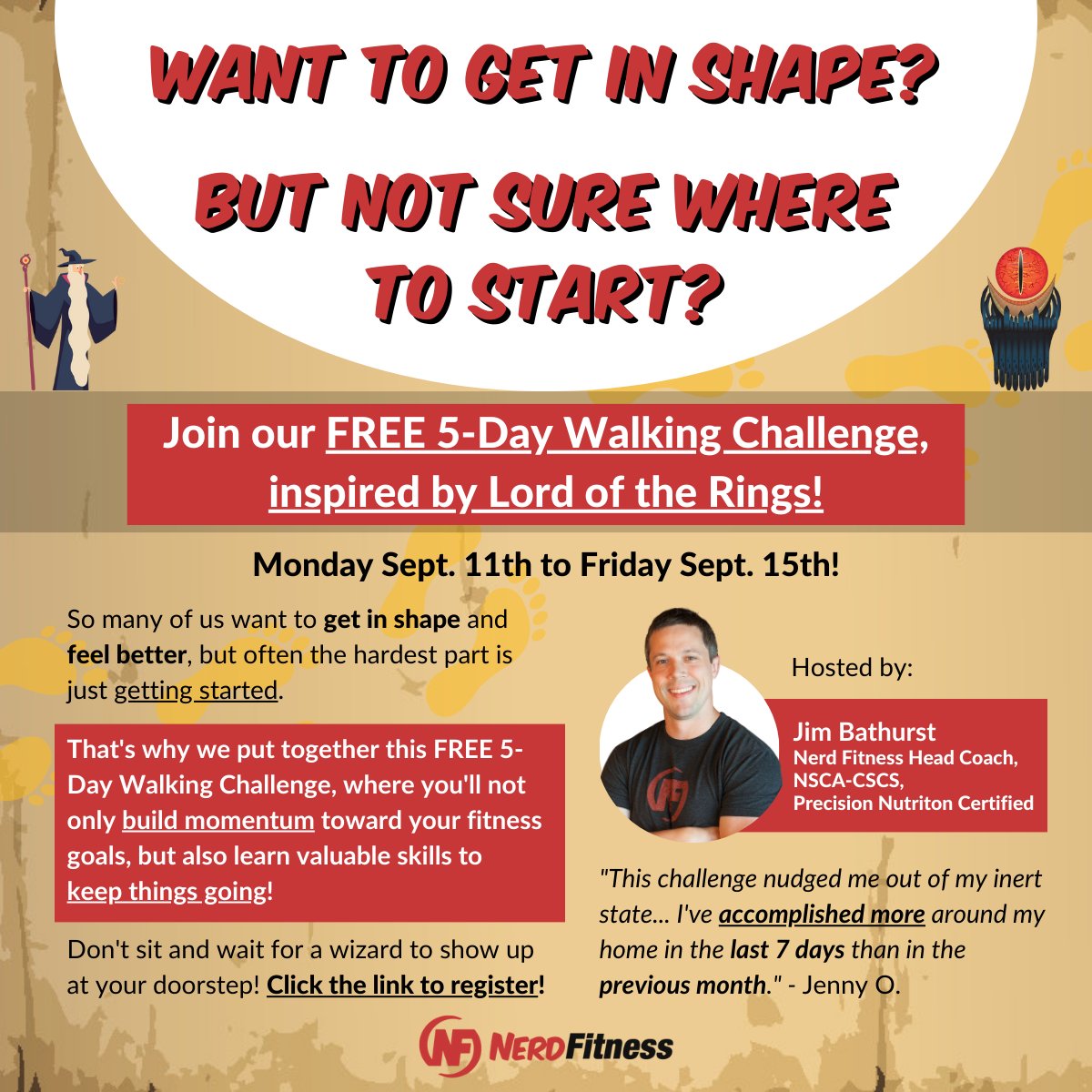 We're bringing back our free 5-day walking challenge! Click here to learn more! bit.ly/3ElZvdb #5daywalkingchallenge #fitness #beginnerfitness #nerdfitness