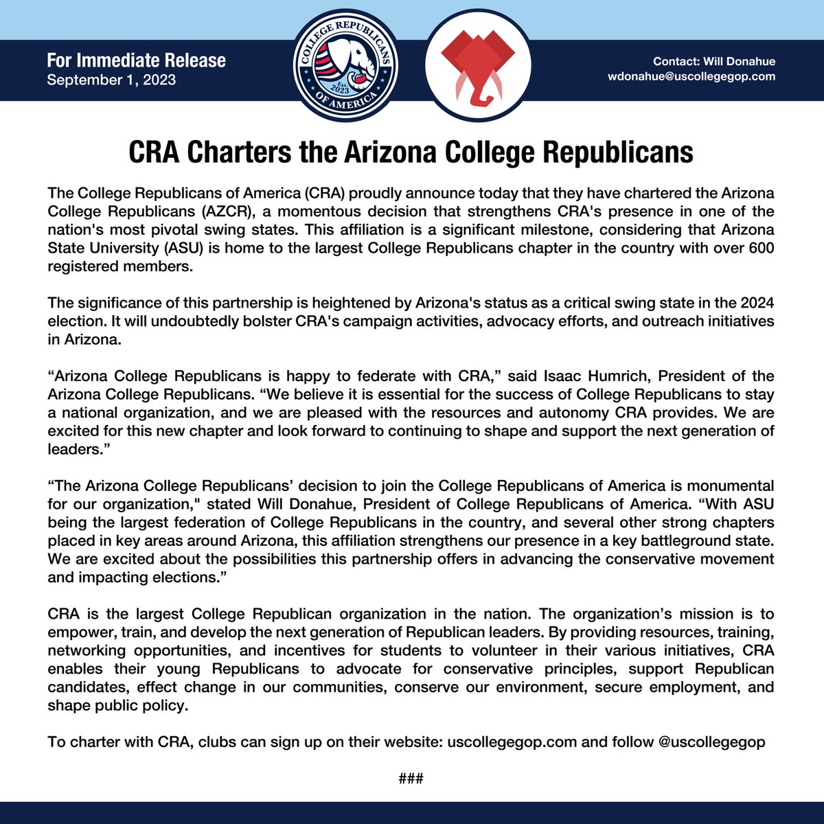 BIG ANNOUNCEMENT:
The Arizona College Republicans have voted to charter with College Republicans of America. 

This partnership in a key battleground state is momentous given ASU has the largest chapter in the nation - with over 600 members!