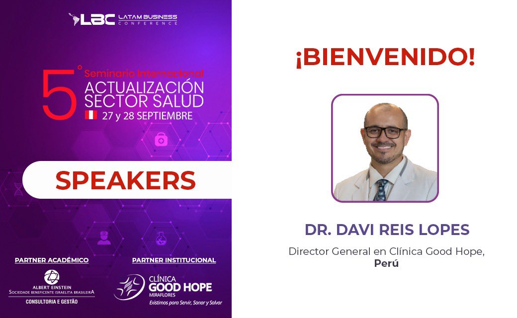 ClinicaGoodHope's tweet photo. 🌟 La Clínica Good Hope estará presente en el Seminario Internacional de Actualización en el Sector de la Salud del 27 y 28 de septiembre.
🎙️Nuestro Director General Dr. Davi Reis Lopes, será uno de los ponentes destacados en este evento.

Inscríbase 👉 https://t.co/AJlOcQHXpv https://t.co/u9ggjliUiC