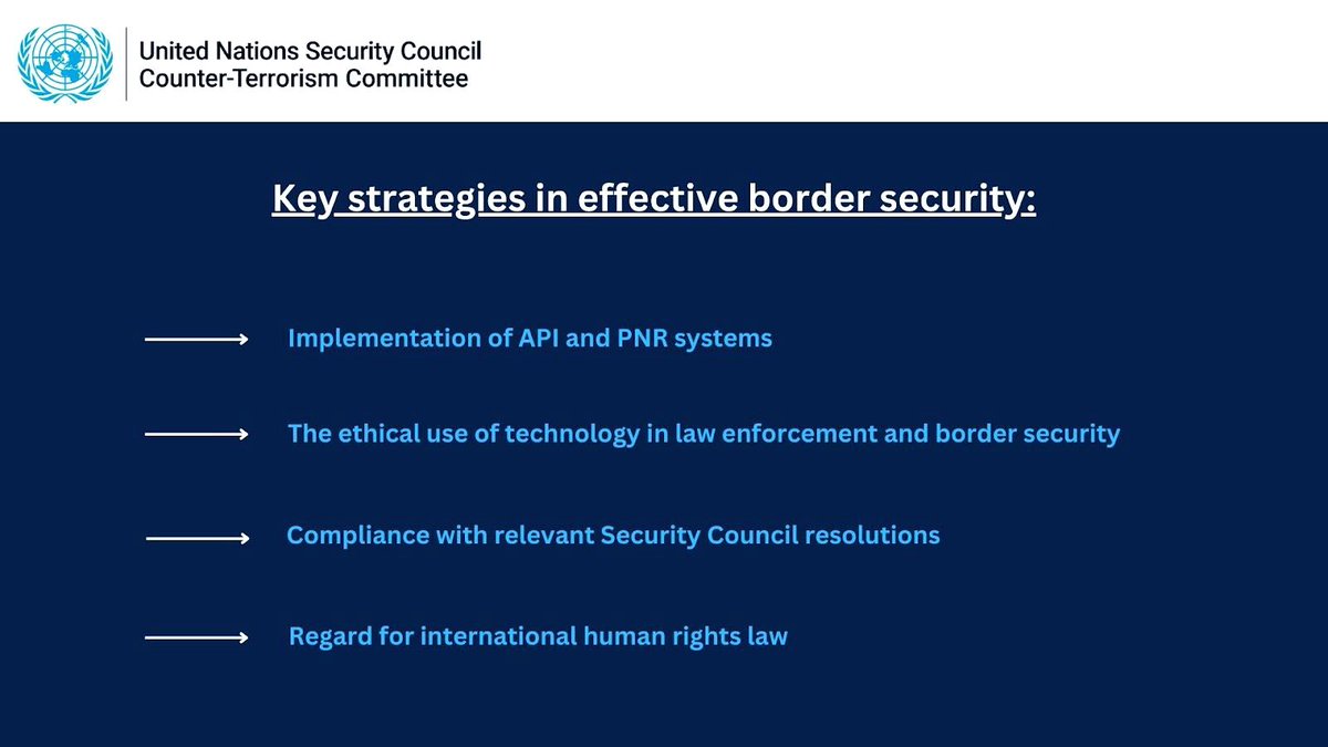UN_CTED's tweet photo. The @UN #CTC open briefing on “Border control and security in the context of counter-terrorism” highlighted key strategies in effective #CTBorderSecurity and updated Member States on the latest developments in border strategies in the counter-terrorism context. https://t.co/TdAHG0tFn0