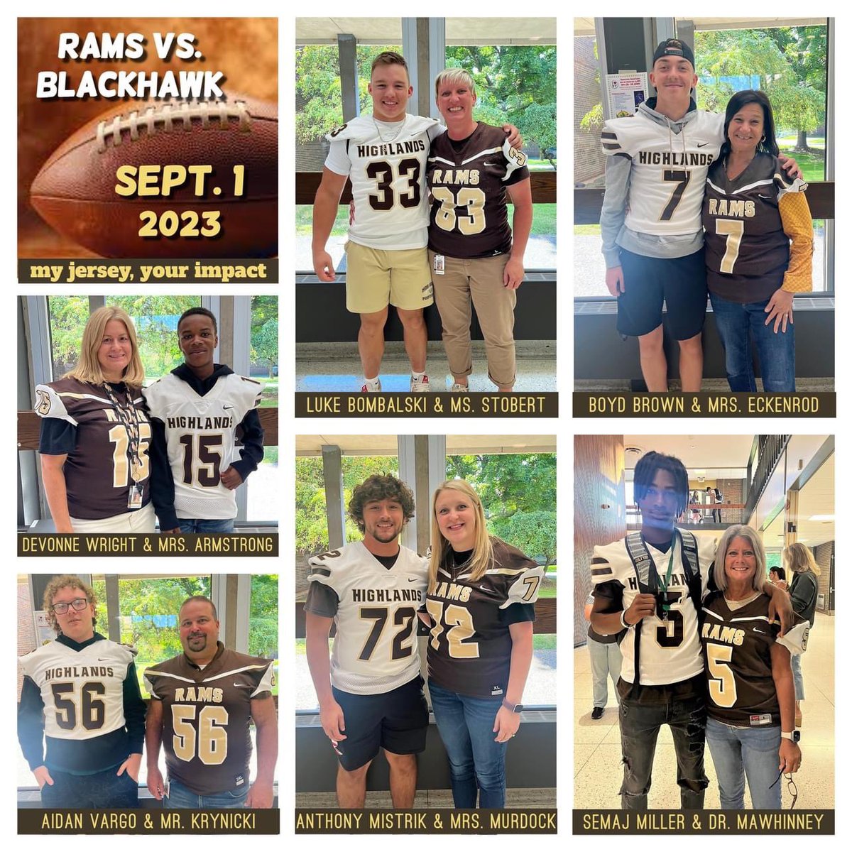 HighlandsGolden's tweet photo. MY JERSEY, YOUR IMPACT! 🏈 Senior football players recognized a teacher or staff member who has made a positive impact on their life by presenting them with their jerseys to wear on game day! This will continue every Friday during the season! @R4mLand 
#RamPride #R4L https://t.co/1Nin1JpGIp