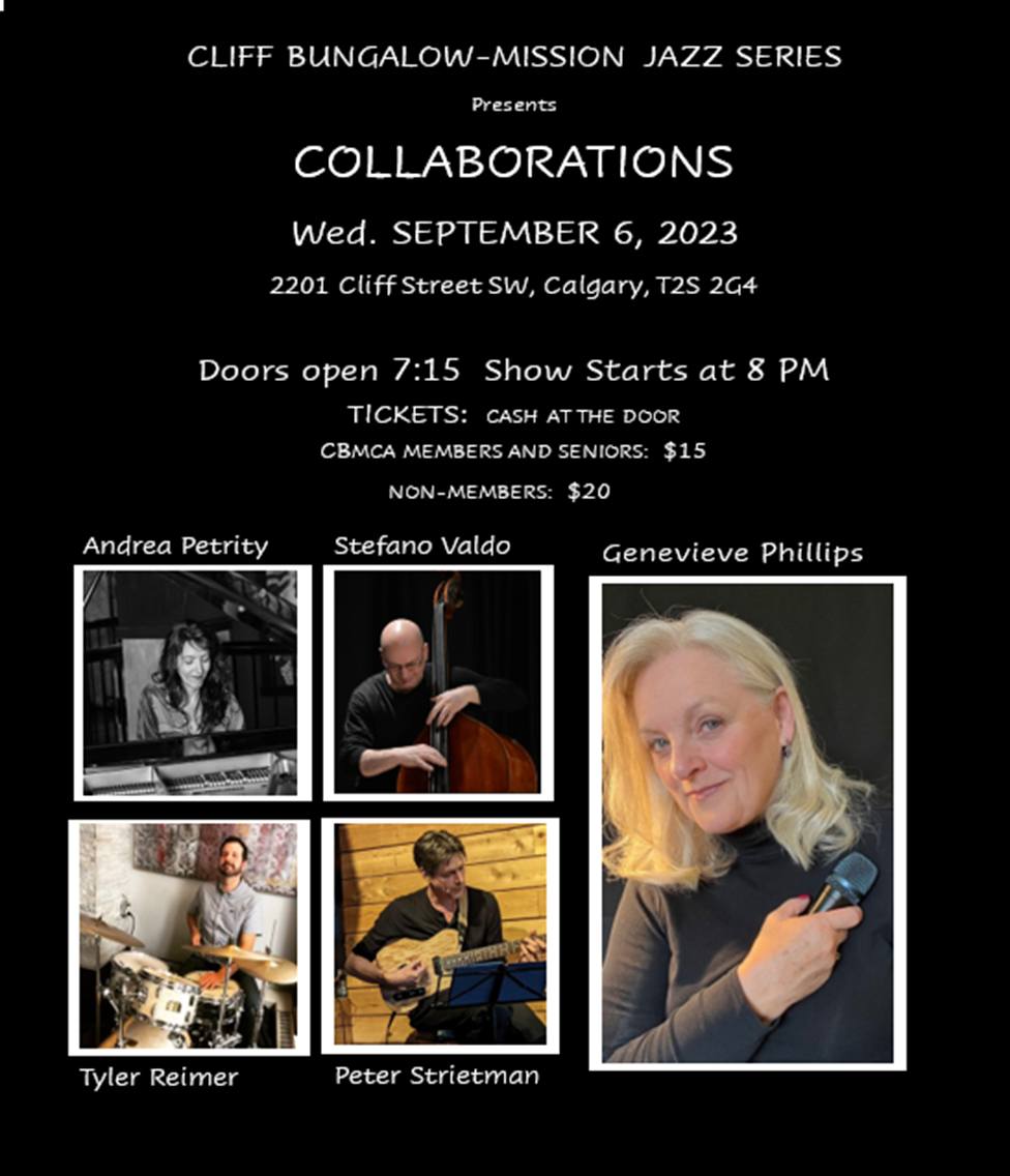 forloveofjazz's tweet photo. #Jazz Wednesday #Calgary: the Cliff Bungalow-Mission Jazz Series kicks off the new season with the vocalist Genevieve Phillips + Andrea Petrity piano,@stefanovaldo bass, Darcy Stamp violin, Peter Strietman guitar, Tyler Reimer drums, 8 pm @CBM_CA  2201 Cliff St SW, $20/$15 @ door https://t.co/gmCK6gPqJs