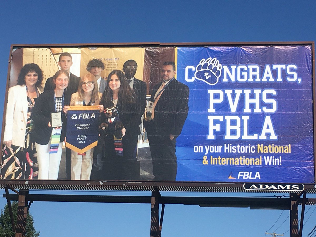 Momentous recognitionPVFBLA on Billboard NB 209 across fmVFW.TY VenaAckerman VenMar/The Flag Store&Adams for making this terrific display possible.TYChris Barrett CEO PMVB,SenatorsScavello,Brown,Rep Rader,Parents,PVSD, supporting our students! #fblapv ⁦@ChrisBa33354107⁩