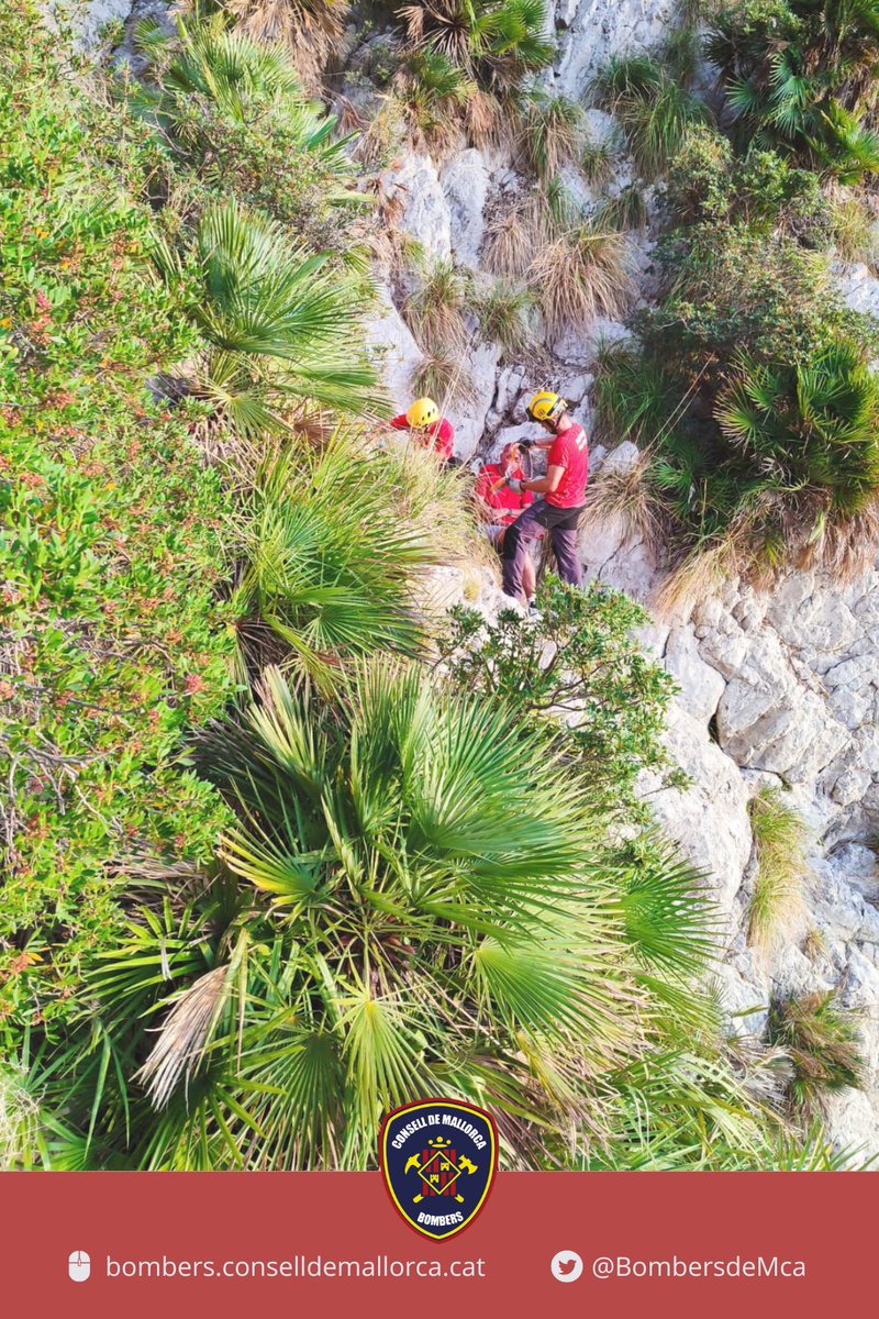 BombersdeMca's tweet image. Rescat d'un senderistea anglès que ha caigut a prop de #LaVictòria, a Alcúdia. S'ha perdut, ha volgut baixar per una torrentera i s'ha fet una gran ferida al cap. L'hem  baixat amb cordes i acompanyat fins l'ambulància.
@SAMU061IB
#ParcAlcúdia
#ParcInca