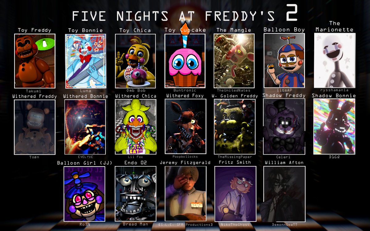 UltMugCollab's tweet photo. The Ultimate #FNAF Roster Collaboration consisting of over 400 members is finally complete!
Part 1: FNaF 1, FNaF 1 Extras, FNaF 2, FNaF 2 Extras
#fivenightsatfreddys #fnaffanart https://t.co/58edM7AvPM