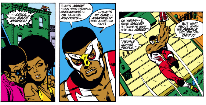 MarvelADay's tweet photo. #Cap153 #MarvelADay Falcon is on patrol duty as Cap is on vacation and spots his girl making time with that armchair revolutionary! So to process his emotions he misquotes "People," which was a hit for The Tymes in 1968? People who need people can be sad when cheated on! PMB https://t.co/8llR5dJJRg