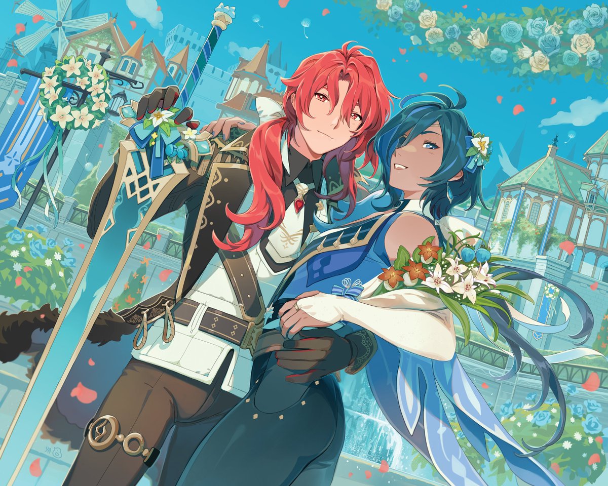 y4_impact's tweet photo. Celebration of Windblume 💐 the artwork I drew for the Diluc/Kaeya itabooth at Color Fiesta! Thank you so much for organizing this wonderful event! #luckae https://t.co/VraPE0qyti