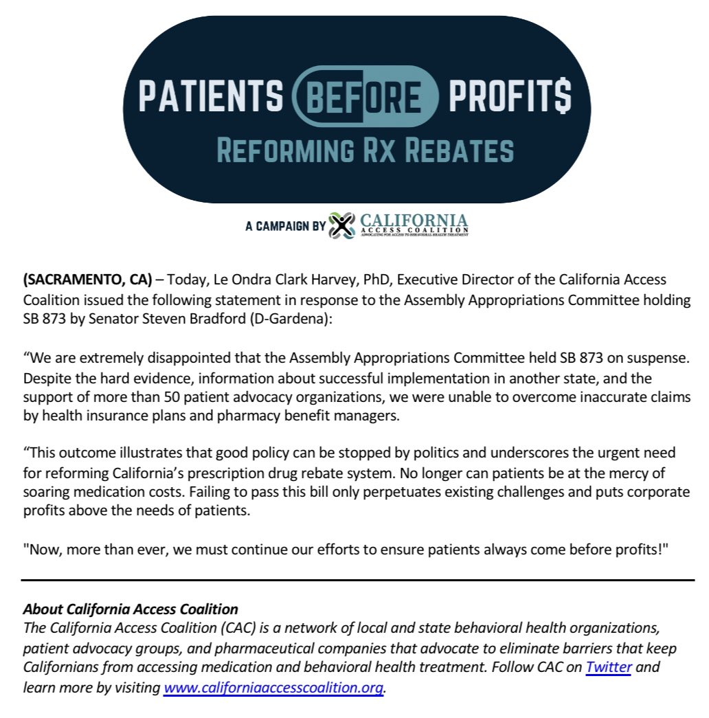 Despite the hard evidence & support of 50+ orgs, #SB873 was held today in Assembly Appropriations. 

Thank you @SenBradfordCA for your steadfast commitment & co-sponsors @DiabetesPAC/@PatientPocket for your advocacy. We will keep fighting to put #PatientsBeforeProfits.