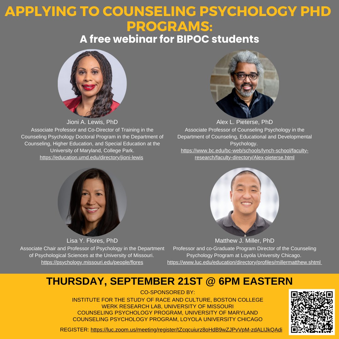 Please share with BIPOC students interested in applying to counseling psychology PhD programs. @apadiv45 @APADivision17 @AAPAonline @amenapsy @TheABPsi @1NLPA REGISTRATION: luc.zoom.us/meeting/regist…