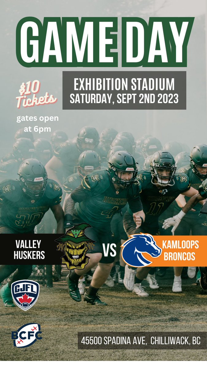 Tomorrow night!!! 

We take on <a href="/KamBroncos/">Kamloops Broncos</a> at Exhibition Stadium in #Chilliwack

Gates open at 6pm 

Let’s go Huskers! 

<a href="/BCFC_Media/">BCFootballConference</a> <a href="/CJFLnews/">CJFL News</a> 

#fraservalley #football #valleyhuskers