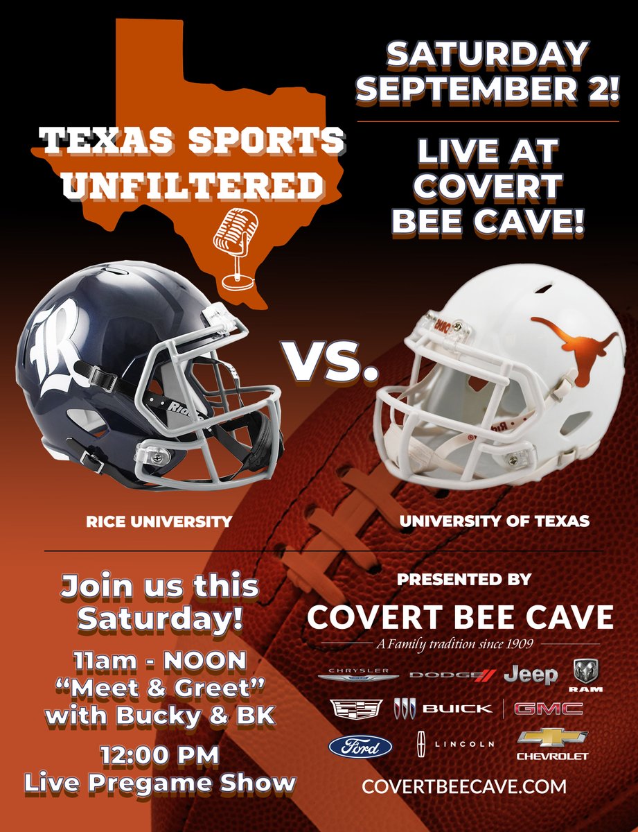 CBCCadillac's tweet image. TOMORROW, Sept. 2, “TEXAS SPORTS UNFILTERED” LIVE PREGAME SHOW with Bucky and BK at Covert Bee Cave!

YouTube.com/@TexasSportsUn…

@TSUnfiltered
@BuckyGodbolt
@BradKellner

#texassportsunfiltered #texassports #texassportspodcasts #podcasts #covertbeecave #football #UT #Longhorns
