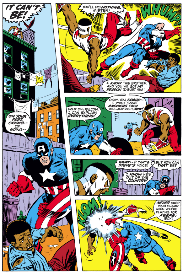 MarvelADay's tweet photo. #Cap153 #MarvelADay Sal Buscema busts out some fancy panels as Facon interrupts Cap hassling a brother, just like Leila said he'd been doing! And this guy sounds just like Cap too, except he refers to Falcon uses an insensitive term when used in this context! What the?!? PMB https://t.co/dmPEs7ZCRa