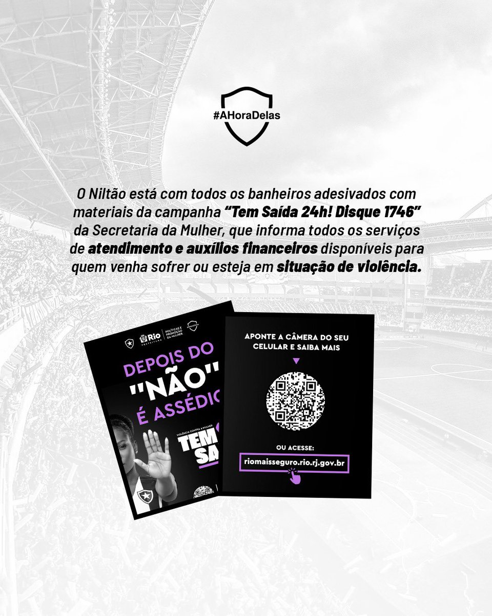 EstNiltonSantos's tweet photo. A HORA DELAS! ⚽🏟️
 
Com o objetivo de manter o Niltão um espaço mais seguro para todas as mulheres, foram implementadas algumas parcerias para promover a conscientização do enfrentamento à violência contra a mulher e a valorização do público feminino no esporte. https://t.co/ckhPSz8Ahl