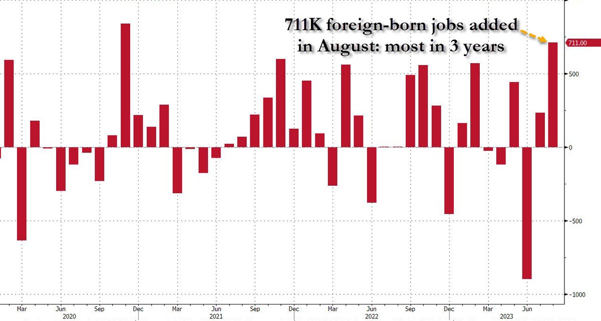 zerohedge's tweet photo. The real shocker in today's jobs report: 1.2 million native-born workers lost their job in August, they were replaced with 711K foreign-born workers. https://t.co/GR3itbaOm7