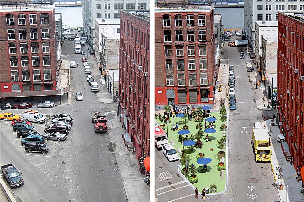 Pearl Street Triangle Plaza appreciation 🧵 In 2007 I was living in Miami and this image totally rocked my world. A rapid but simple transformation made with low-cost and flexible materials. 🤔 I wanted to live in @JSadikKhan’s New York City.
