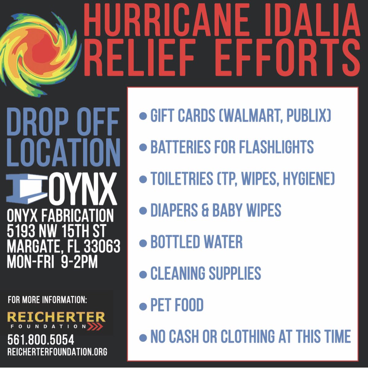 ReicherterBill's tweet photo. Please help us gather necessities for our #florida families in need. @ReicherterBill and friends have set up two drop off locations.  
#boyntonbeach #Idalia #delraybeach #boca #Parkland #coralsprings #margate #westpalmbeach #westpalmbeachfl #palmbeachcounty #hurricaneseason #home https://t.co/2MyxIFvWcN