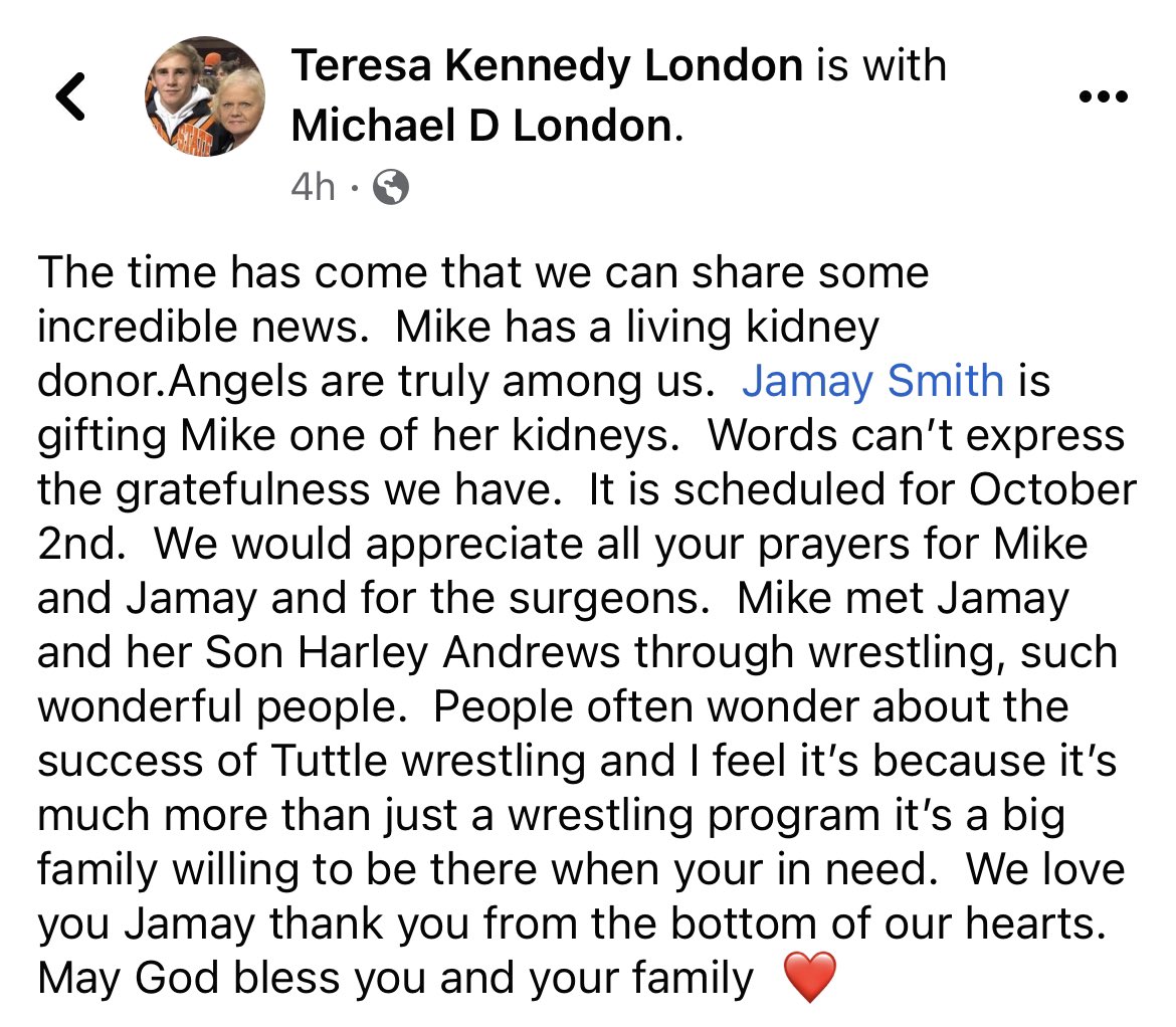 Seth_Duckworth's tweet photo. Cool story here! Mike London started the @TuttleWrestling dynasty years ago. Really nice guy. He’s been needing a kidney. Harley Andrews is a former Tuttle HWT, now at Nebraska. His mom is donating a kidney to Mike https://t.co/e7u1Hch4gh