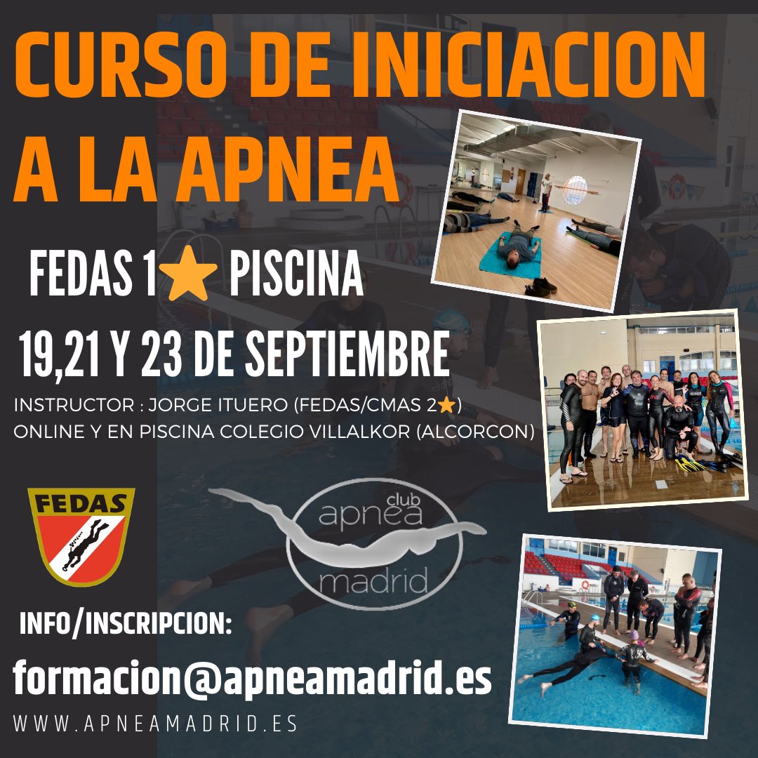 ApneaMadrid's tweet photo. CURSO INICIACION APNEA
Desde el club apnea Madrid impartiremos el curso de apnea 1* piscina con sesiones teóricas online los días 19 y 21 de Septiembre y presencial el día 23 en la piscina del Colegio Villalkor (Alcorcón).
inscripciones en el correo: formacion@apneamadrid.es https://t.co/94GPDzPsxu