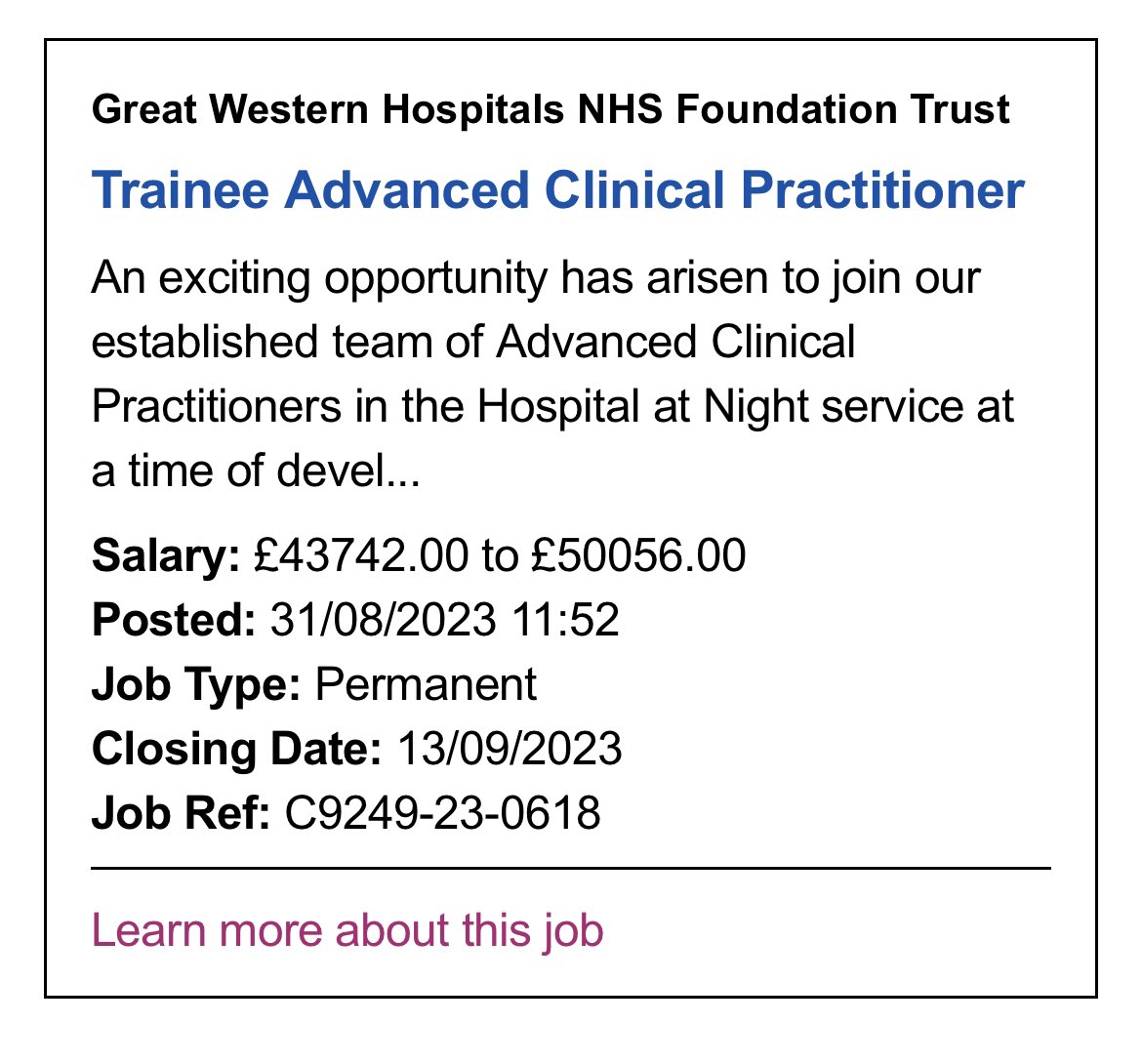 Nathan Bailey (@nathanbailey86) on Twitter photo A fantastic opportunity to join a developing team <a href="/GWH_NHS/">Great Western Hospitals NHS Foundation Trust</a> within the hospital at night team. Click on link below to view job description beta.jobs.nhs.uk/candidate/joba… A fantastic opportunity to join a developing team <a href="/GWH_NHS/">Great Western Hospitals NHS Foundation Trust</a> within the hospital at night team. Click on link below to view job description beta.jobs.nhs.uk/candidate/joba…