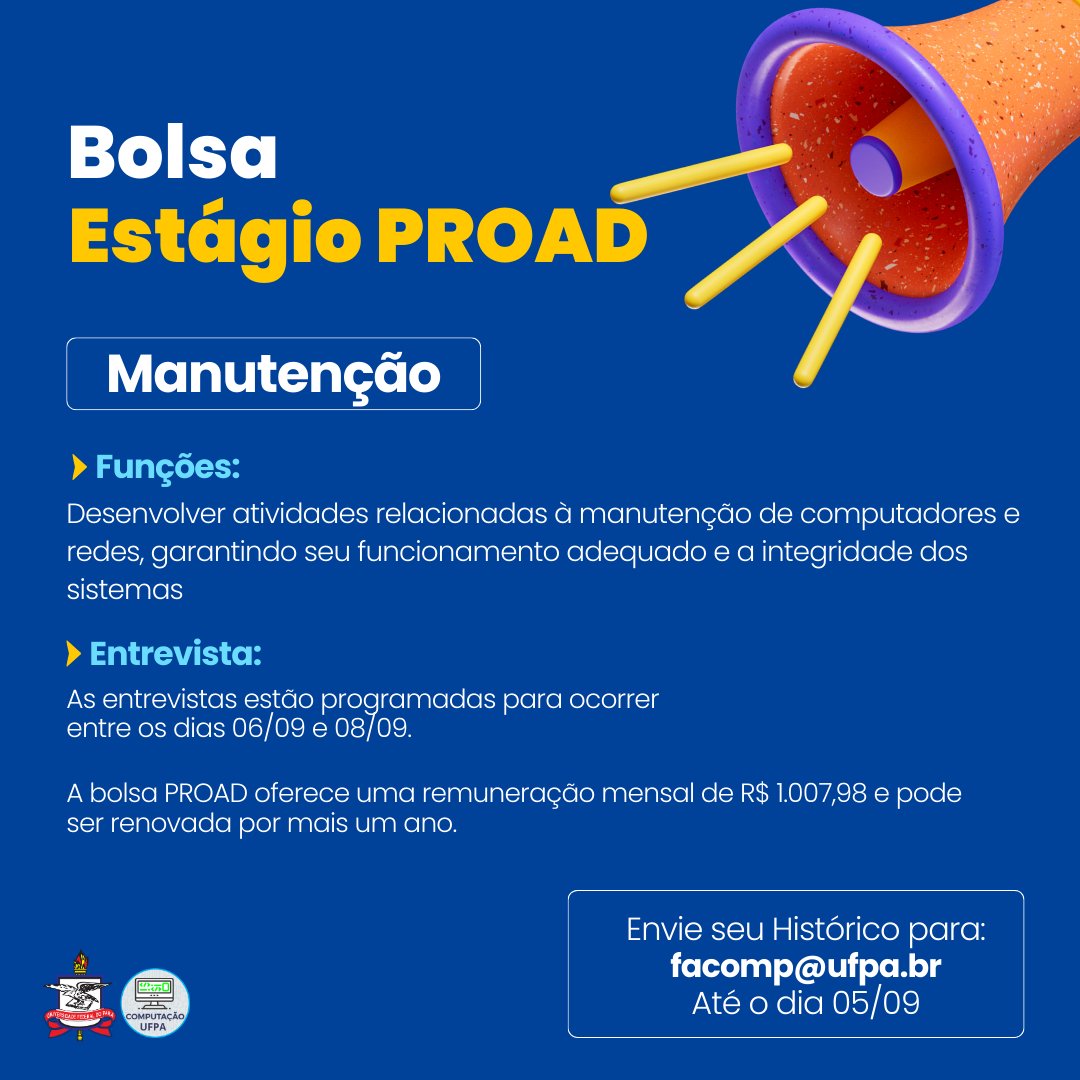 computacaoufpa's tweet image. Bolsa Estágio PROAD

Envie seu Histórico para o e-mail facomp@ufpa.br até o dia 05/09

Para saber mais sobre a bolsa PROAD acesse: proad.ufpa.br/index.php/ulti…

#ufpa #icen #computacao