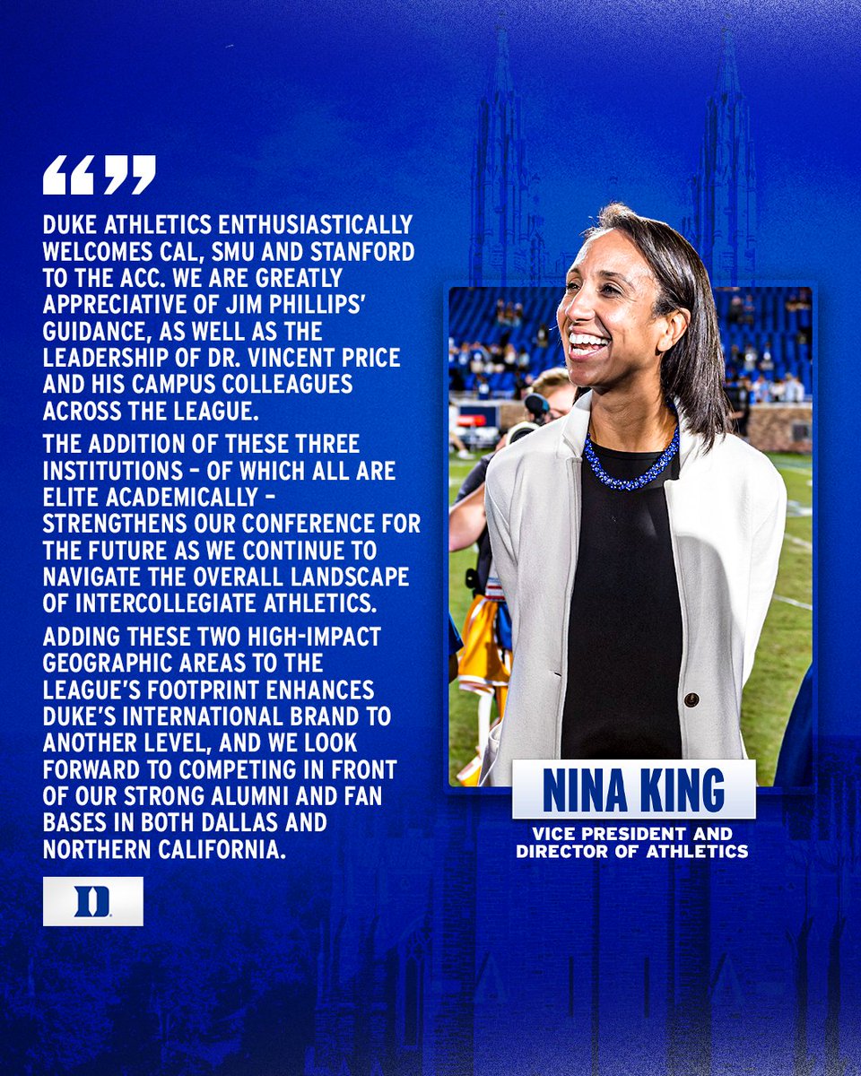 Statement from Duke Vice President and Director of Athletics Nina King on ACC Expansion 🗣️ @ninaking22 More ➡️ goduke.us/44zlE2q