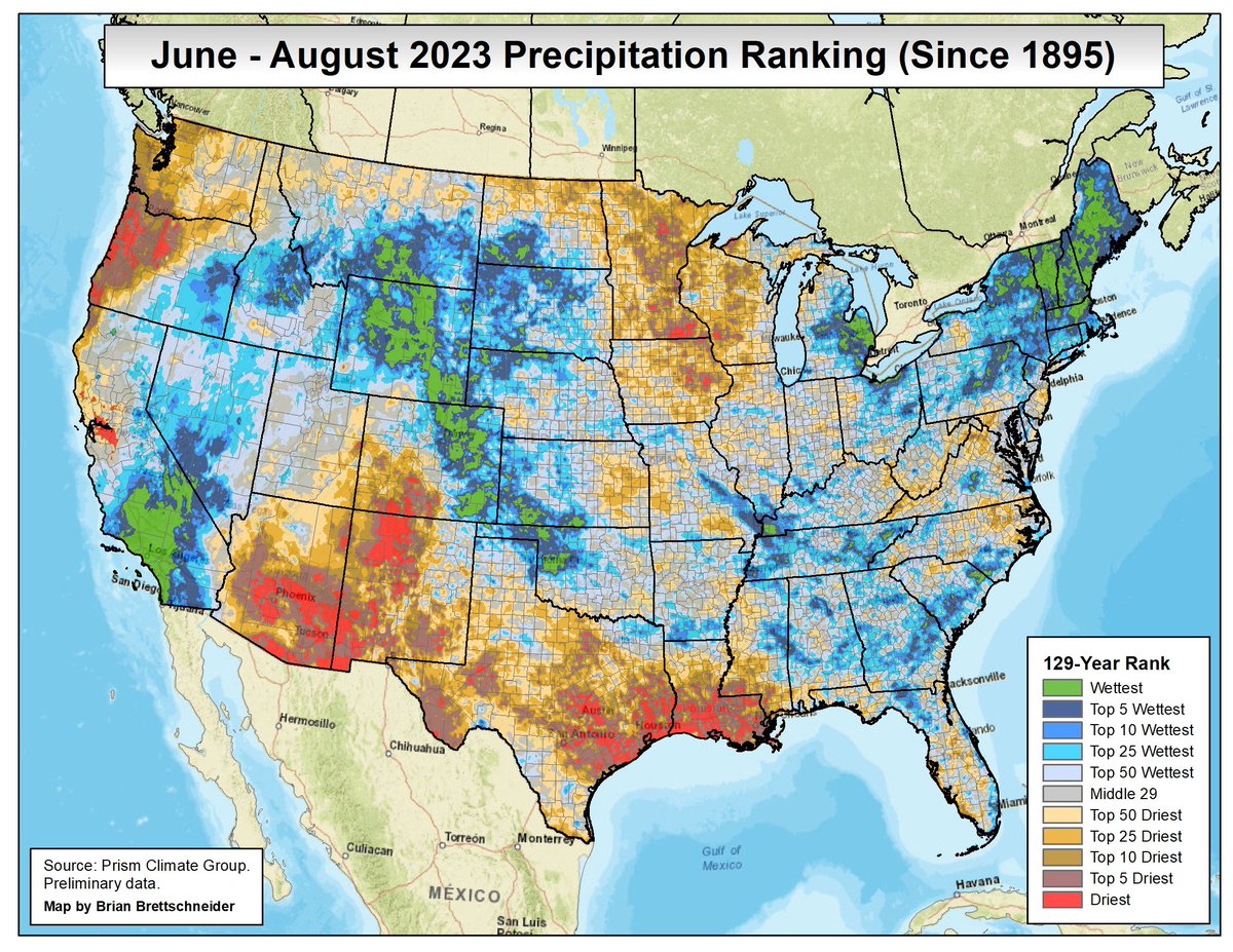 Summer 2023 (Jun-Aug) precipitation ranking compared to all summers since 1895. A chaotic mix of record wettest and record driest.