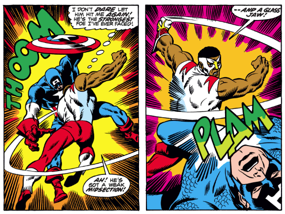 MarvelADay's tweet photo. #Cap153 #MarvelADay "Cap" is seemingly stronger than the real Cap, but he's not as tough, so Falcon is able to prevail over him with a forehand THOOM to the gut and a backhand PLAM to the jaw! PMB https://t.co/V6zCW5OKcj