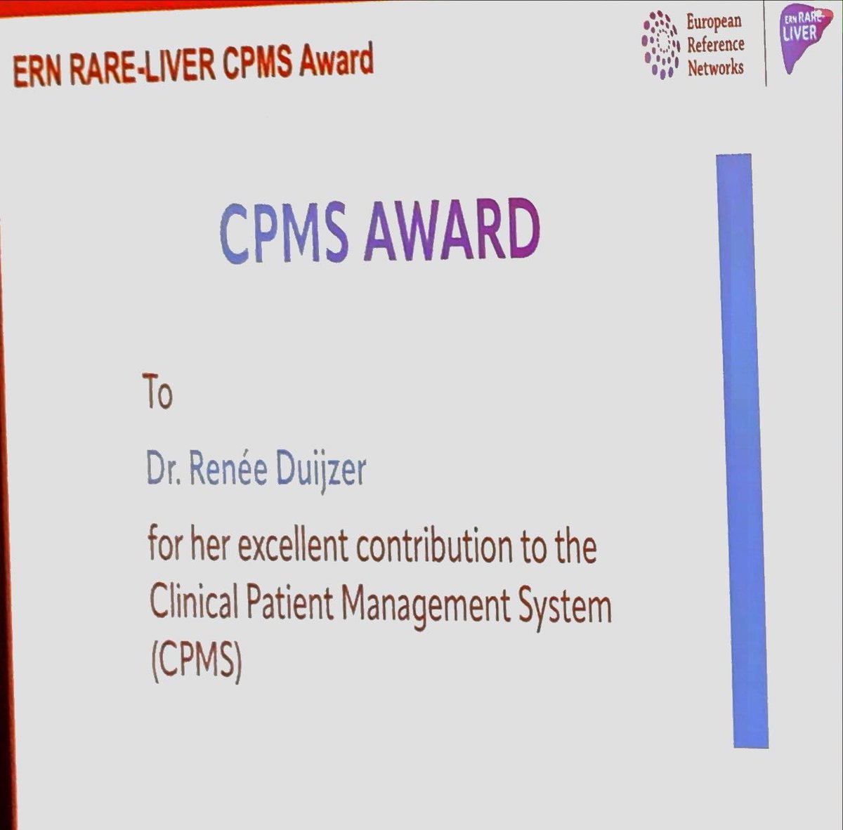 joostphdrenth's tweet photo. 💥💥💥 @ERN_RARE_LIVER #CPMS award 🏆 goes to @DuijzerRenee !

@Tom__gevers @romeesnijders https://t.co/JC8rWF4j8P