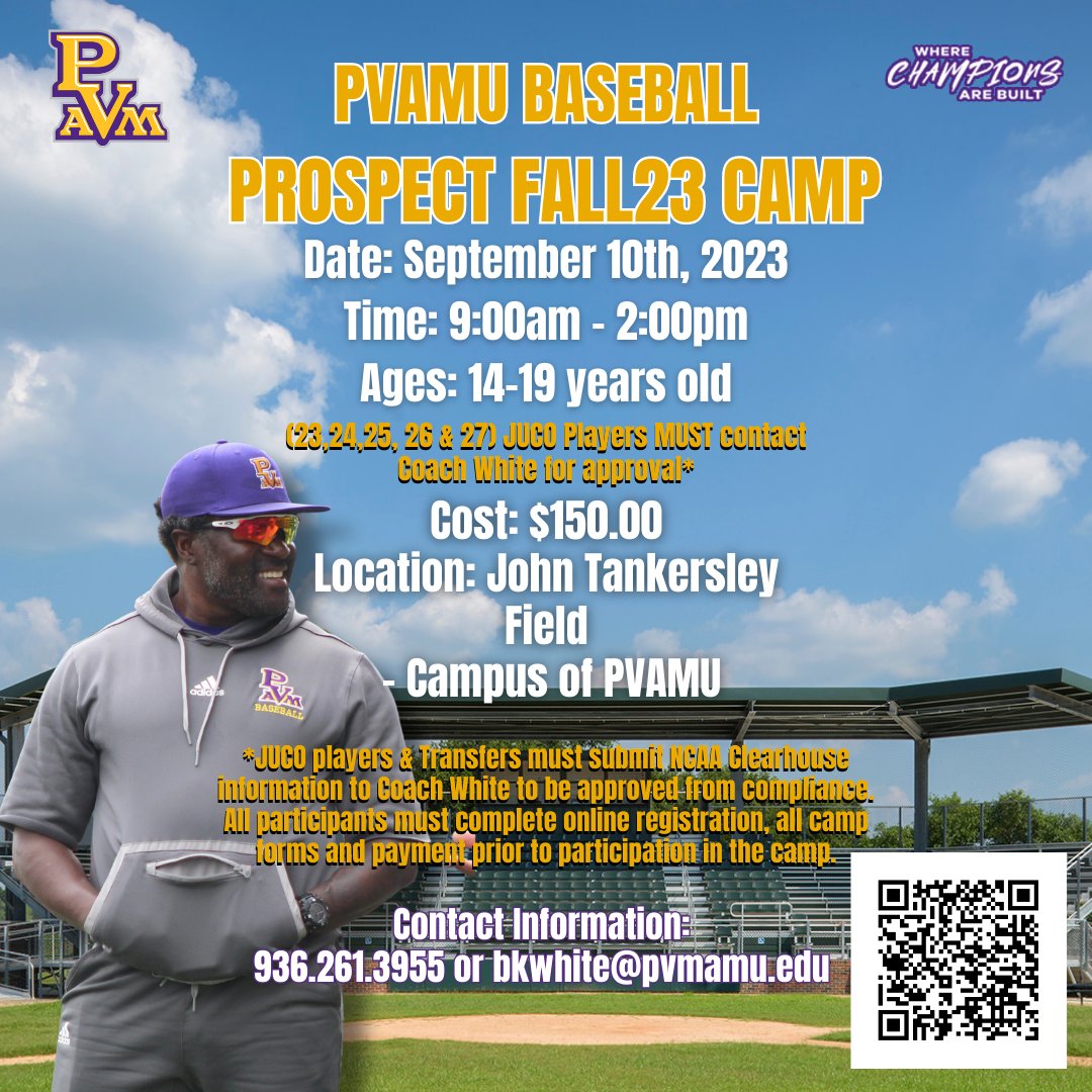 PVAMUPanthers's tweet photo. PVAMUBASEBALL: Join us at the Prairie View A&M Baseball Fall Prospect Camp on Friday, September 10th, 2023, where the fun never stops and talent is everywhere! Let's hit it out of the park together! ποΈβΎοΈ
#PVBaseball #PVAthletics #WhereChampionsareBuilt https://t.co/uVwlCpFDJl