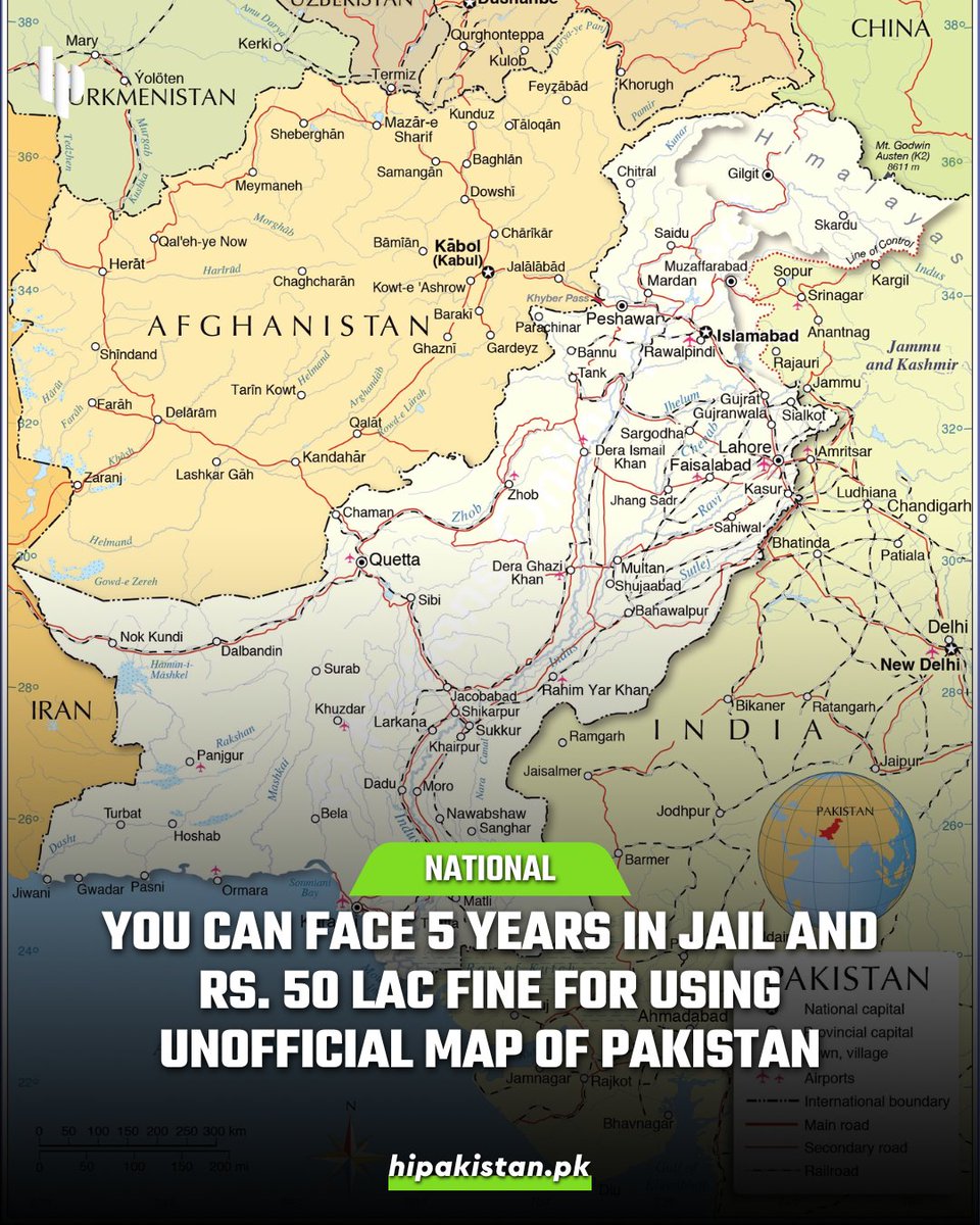 hipakistanpk's tweet photo. Under the recently enacted Surveying and Mapping (Amendment) Act, 2020, 5 years imprisonment and Rs 50 lac fine have been established for any violations related to maps of Pakistan.
#MapOfPakistan #PakistanMap #PakistaniMap #BreakingNews #hipakistan https://t.co/sMee4fXbxs