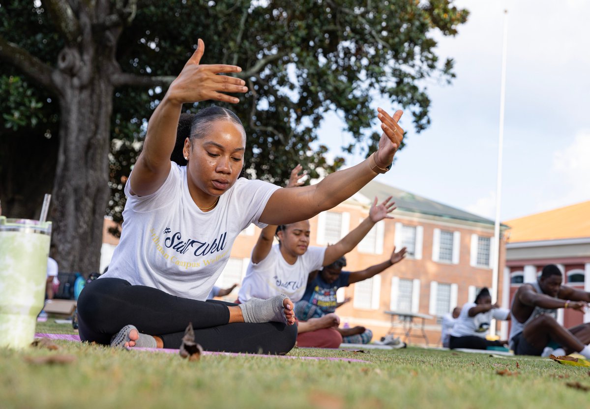 StillmanCollege's tweet photo. A good morning stretch on the yard: students, faculty, &amp; staff started the day with an hour-long #yoga session to begin “Health &amp; Fitness on the 1st,” the first of four events on campus today to celebrate the launch of our Campus #Wellness Program. #DeeplyRootedFutureDriven https://t.co/I1yFxELsxS