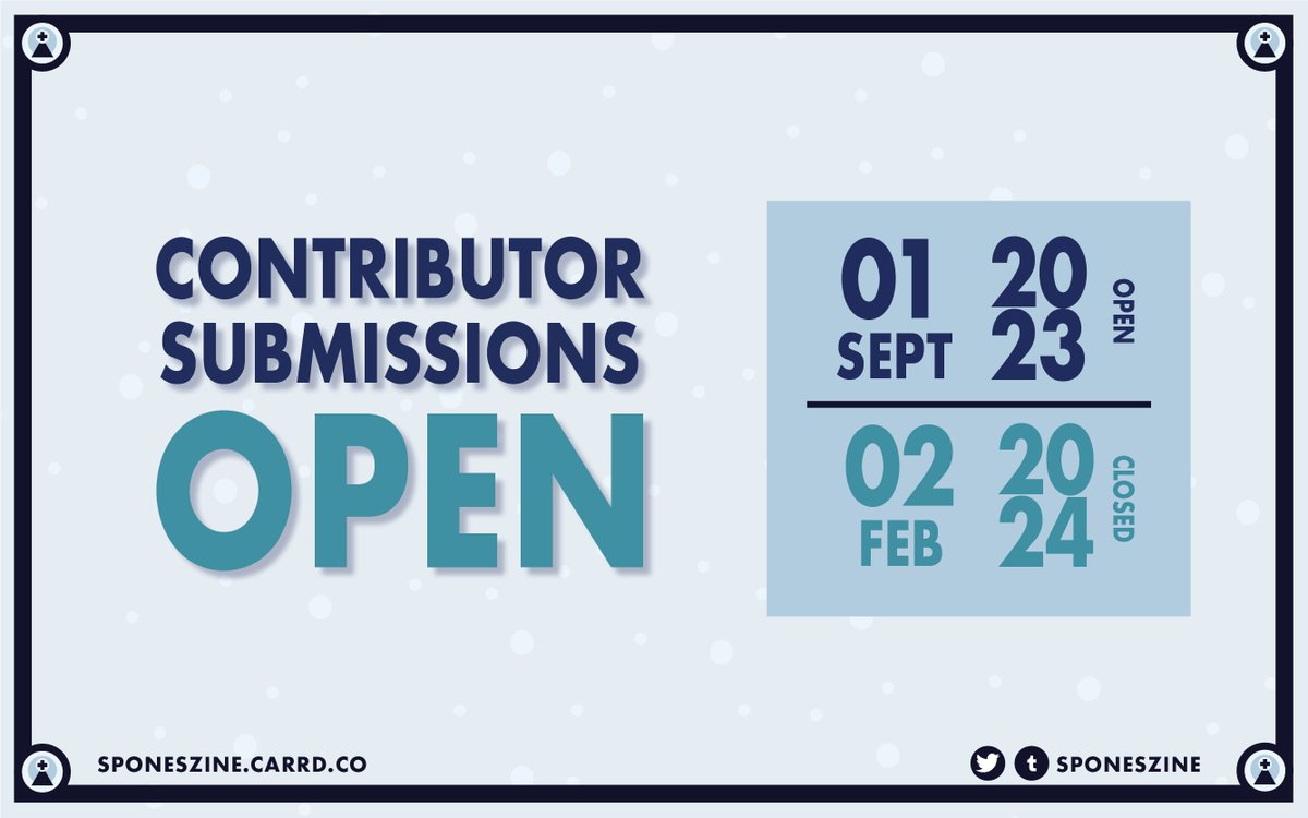 🌠SUBMISSIONS ARE OPEN🌠

Contributor submissions for We Go Together Zine are now open. We are calling all writers, artists, and creators to join us. Fittingly, the theme for the issue is "Firsts"!

INFO &amp; GUIDELINES: sponeszine.carrd.co
SUBMIT HERE: forms.gle/97WYikvDGhJQiB…