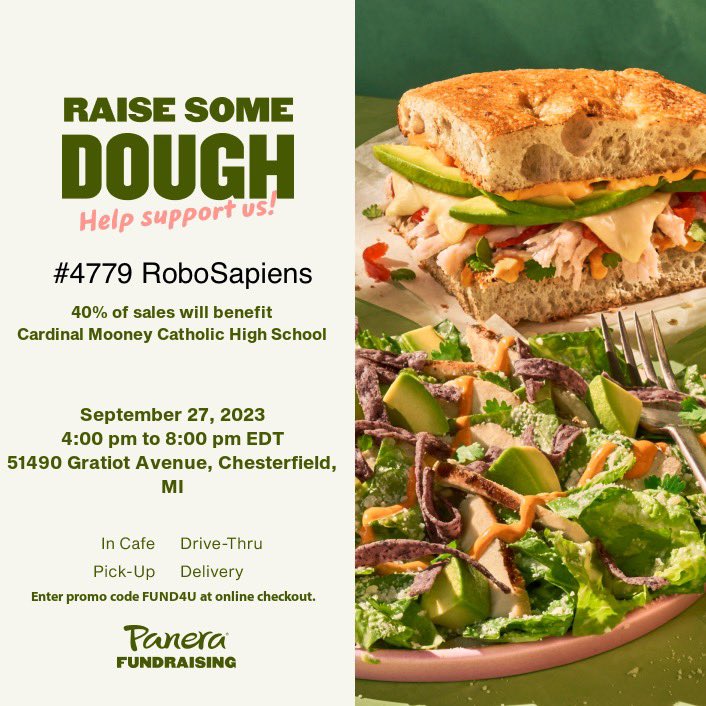 Mark your calendar and support the team on 9/27 from 4-8pm. Print/show digital flyer when you order. You can order online as well by using the code. #robosapiens #4779 <a href="/CardinalMooneyC/">Cardinal Mooney</a>  <a href="/FIRSTweets/">FIRST</a> <a href="/RoboZoneShow/">STATE CHAMPS! RoboZone</a>