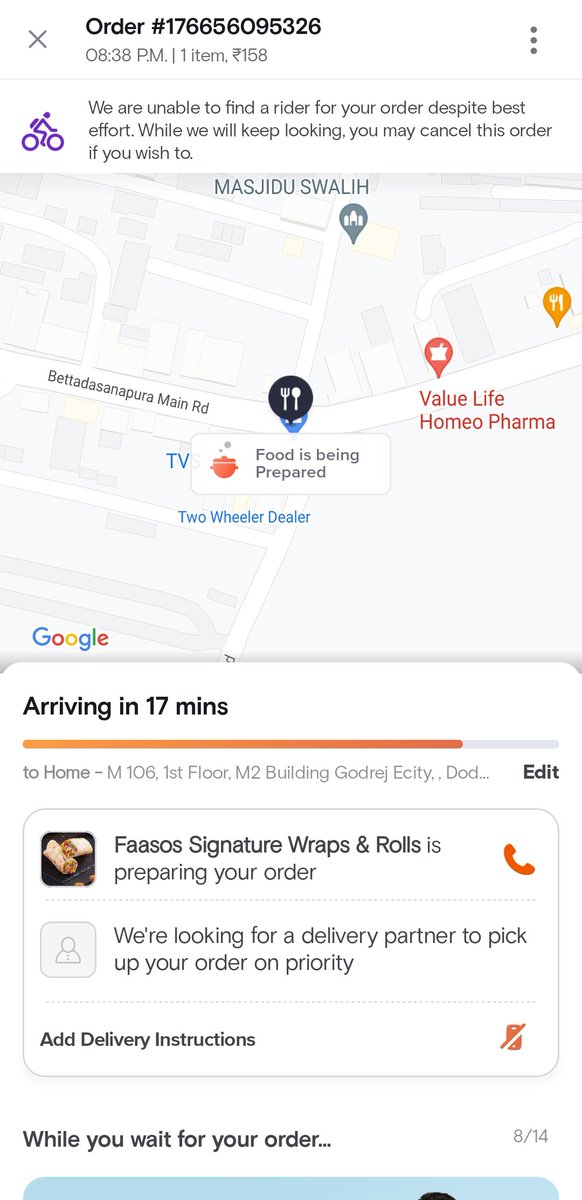 AmittGpta's tweet photo. @SwiggyCares placed an order @8:28pm, Max delivery time was 65 mins for a restaurant that was only 2.2km away. It's already past 1 and a half hour l, still awaiting delivery agent assignment &amp; chat support bot is no help, cannot talk a representative either. Can someone help!!!! https://t.co/401EbdKykg